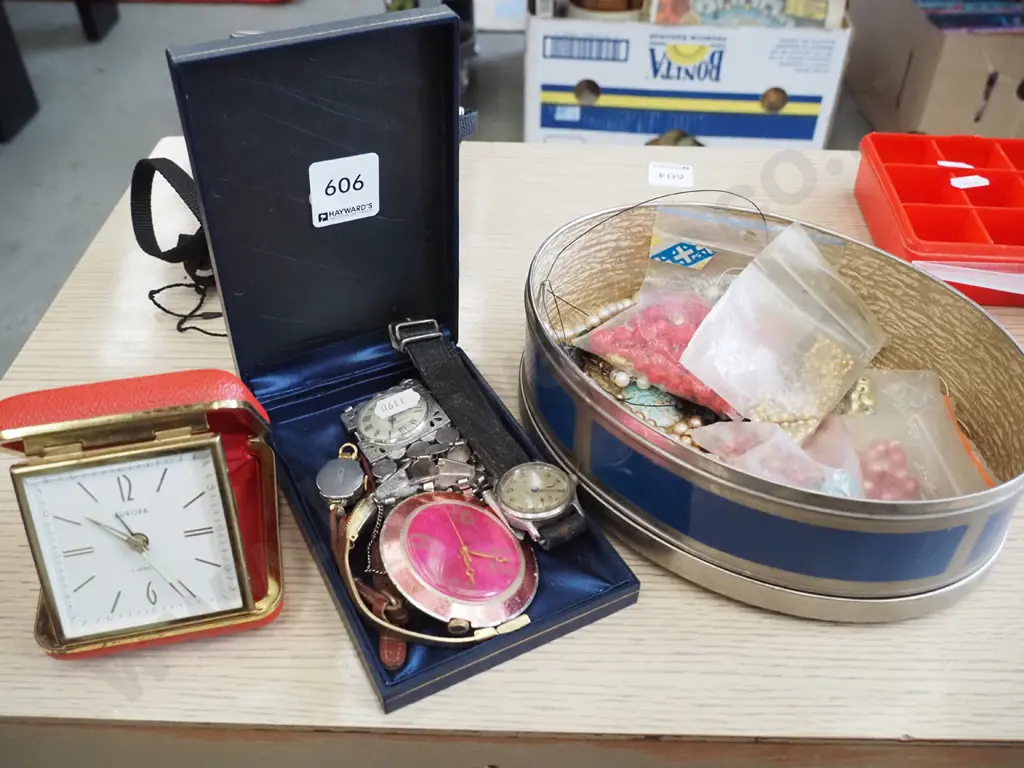 2x containers of costume jewellery, travel alarm clock Image 1++