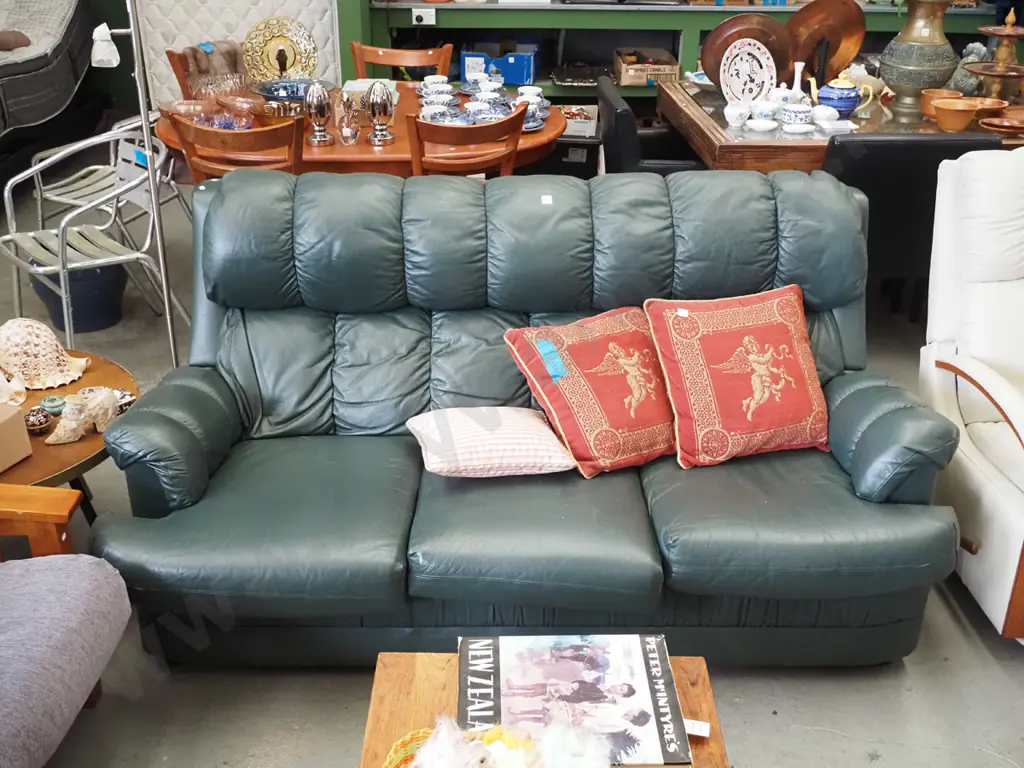 green leather rolled arm 3 seater settee Image 1++