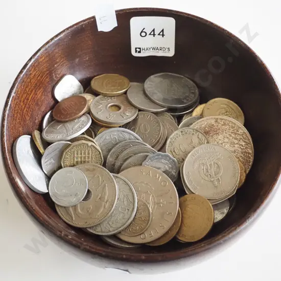 wooden bowl, coins