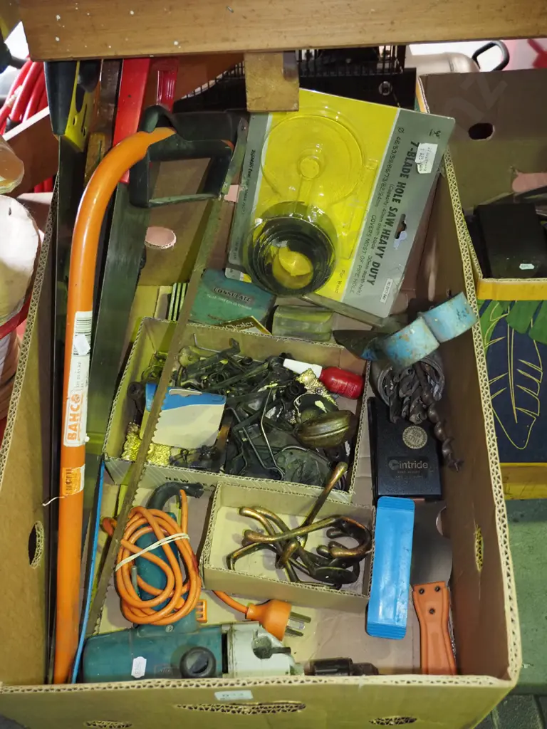 box;  hand saws, coat hooks, part hole saw etc Image 1++