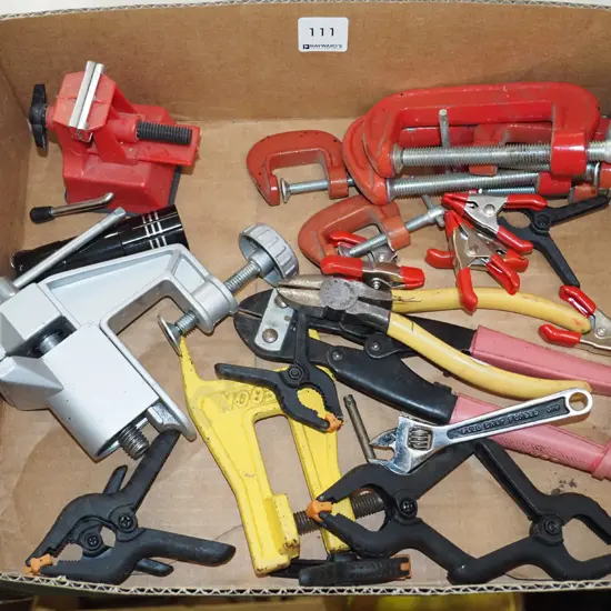 box; hobby vises, clamps, pliers etc