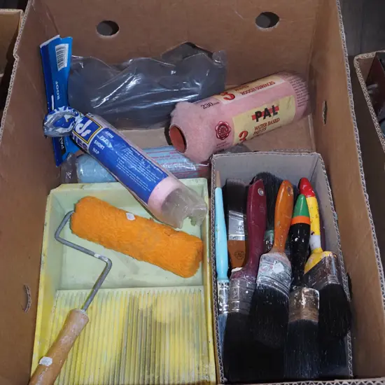 box; painter's supplies, rollers, brushes etc