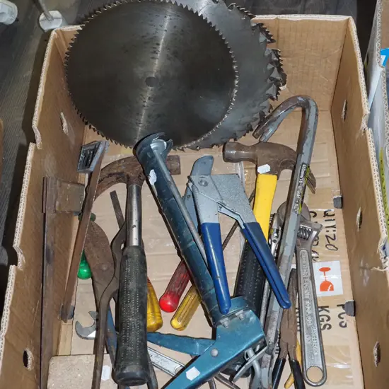 box; hammers, crescents, wrecking bar etc