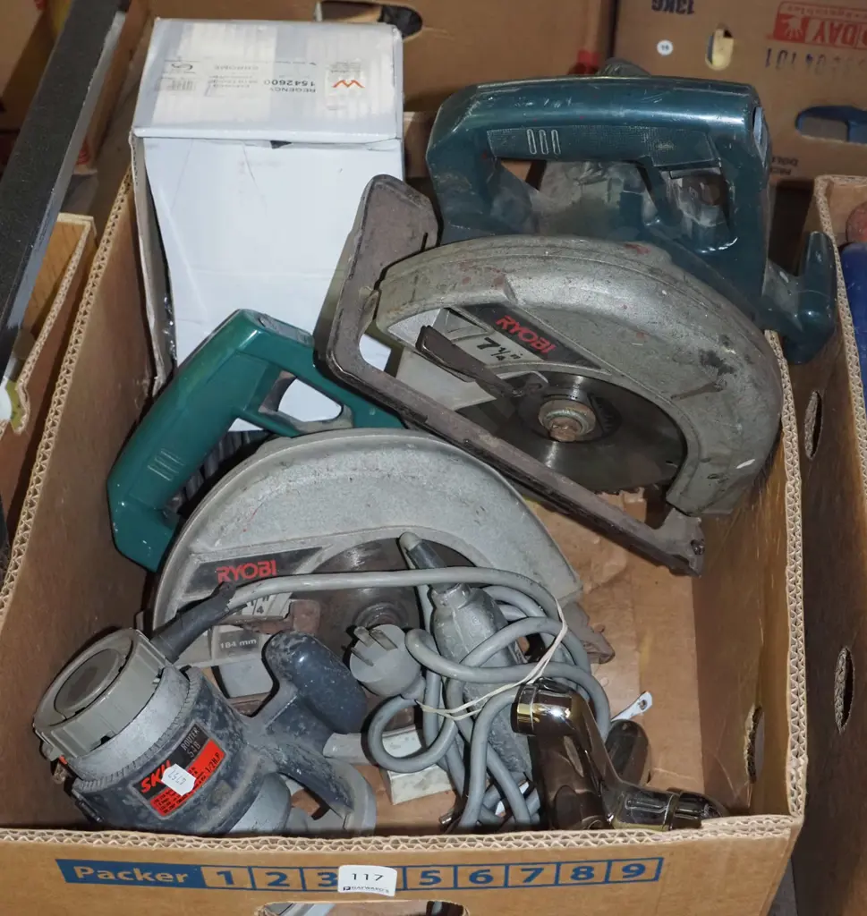 box;  corded router, 2x skilsaws, as-new kitchen tap Image 1++