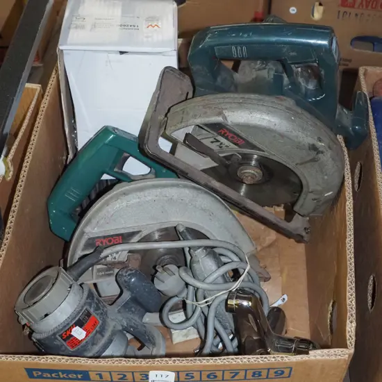 box;  corded router, 2x skilsaws, as-new kitchen tap