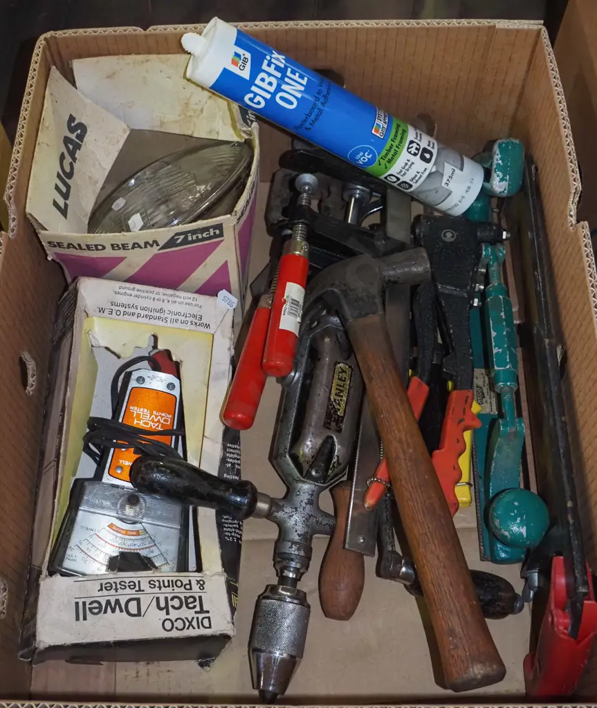 box; eggbeater drill, hacksaw, drip fix etc Image 1++