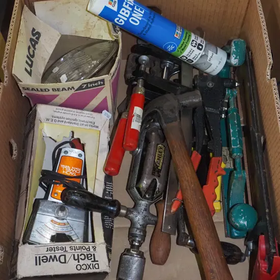 box; eggbeater drill, hacksaw, drip fix etc