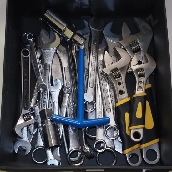 box of spanners, adjustable wrenches, socket wrench etc