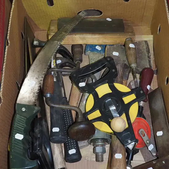 box; hand saws, hammers, builders square etc