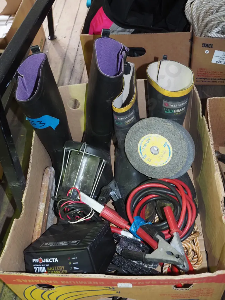 box; jumper leads, battery charger, gumboots etc Image 1++