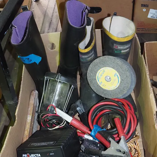 box; jumper leads, battery charger, gumboots etc