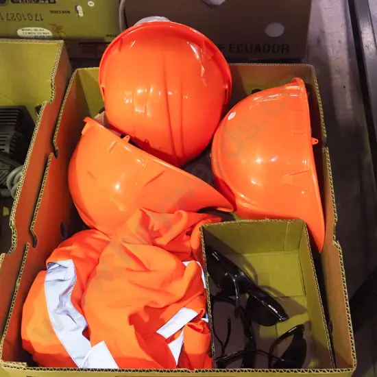 box; high vis vests, safety glasses