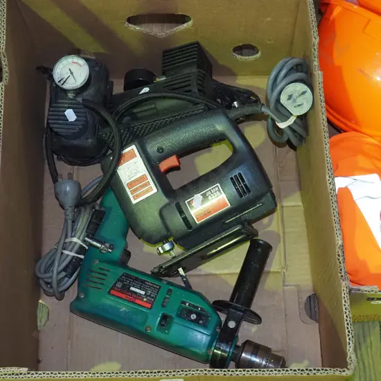 box; power drill, jigsaw, 2x 12V air compressors