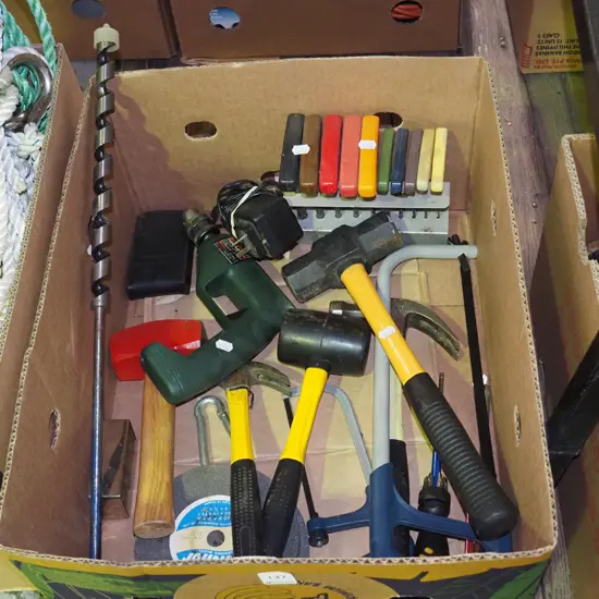 box; hammers, electric drill, hex key sets etc