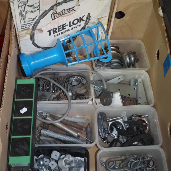 box; tree-lok, trouble light, gate hinges etc