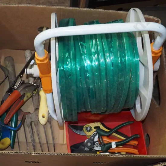 box; garden hose, secateurs etc