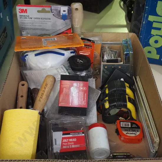 box; tape measures, sand paper, dust masks etc