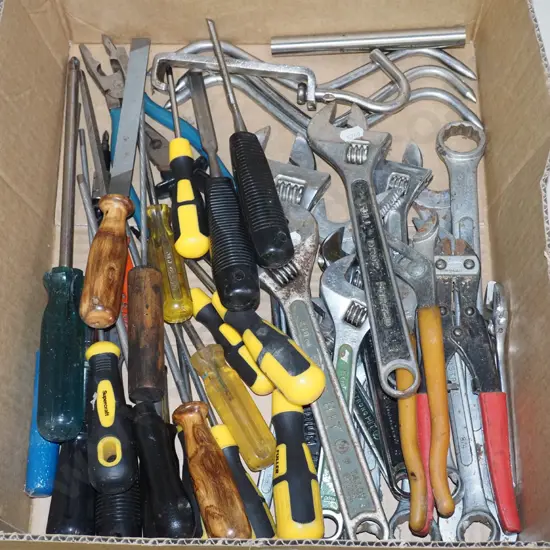 box; hand tools, crescents, files etc