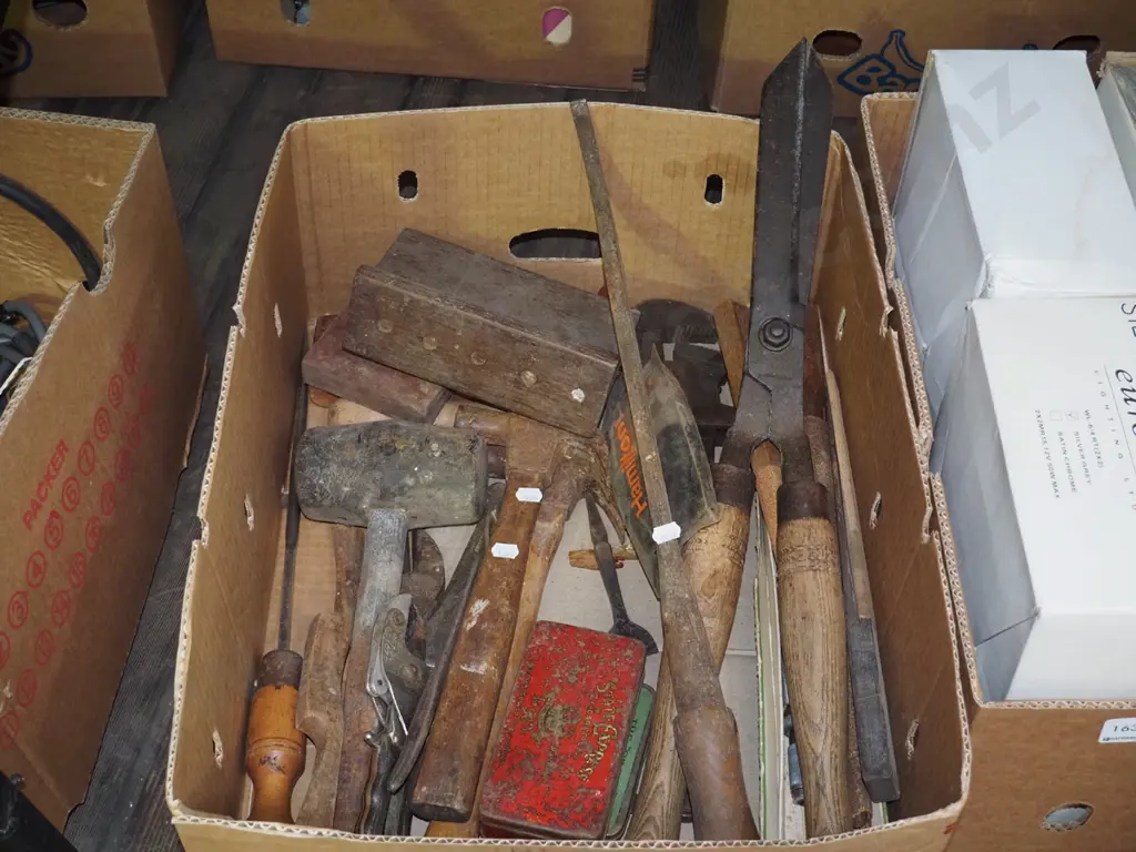 box of vintage tools; hammers, plumber's stilsons etc Image 1++