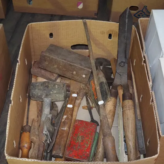 box of vintage tools; hammers, plumber's stilsons etc