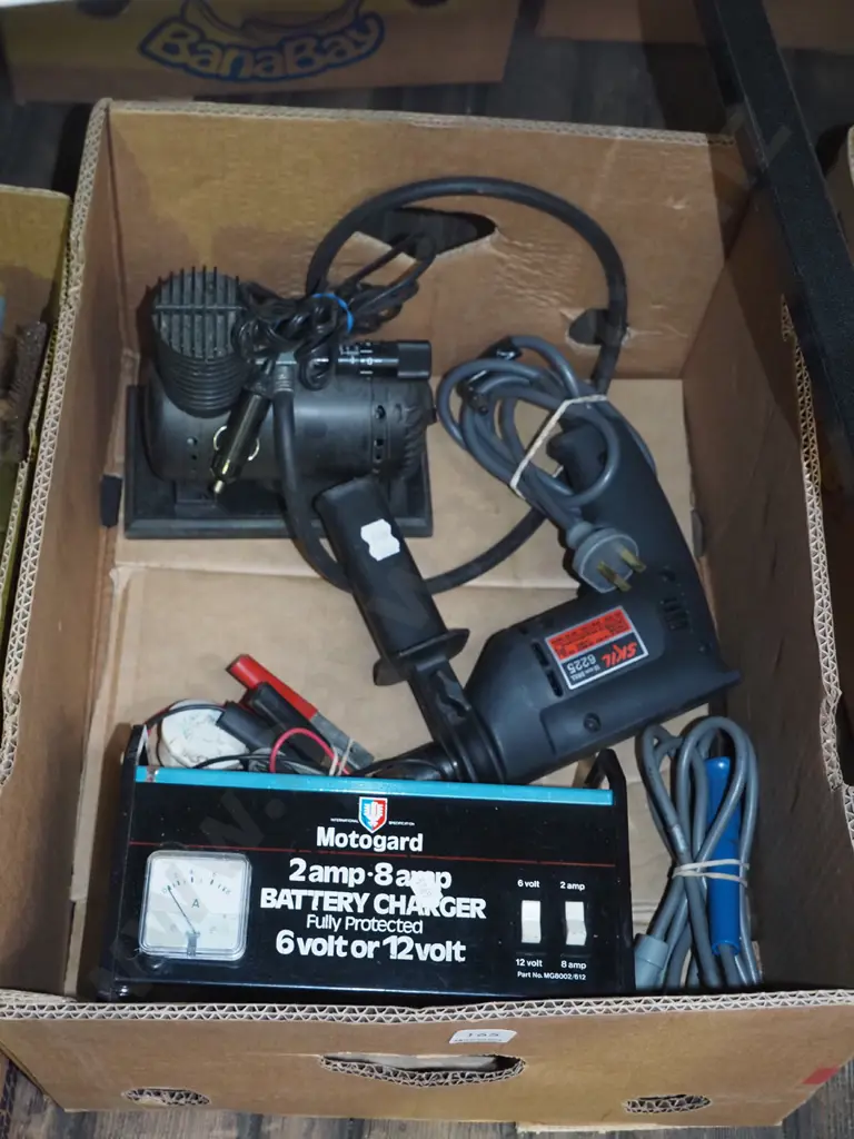 box; battery charger, drill, 12V air compressor Image 1++