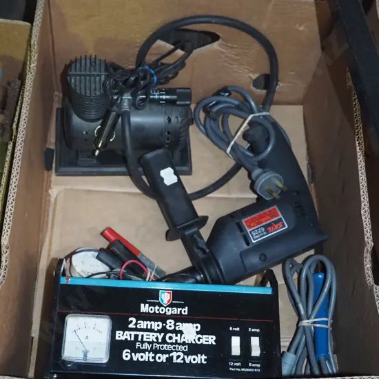 box; battery charger, drill, 12V air compressor