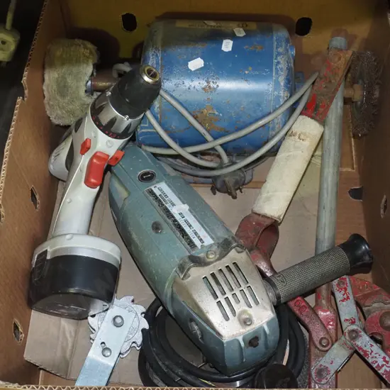 boxz; large angle grinder, battery drill - no charger, bench mounted polisher/grinder