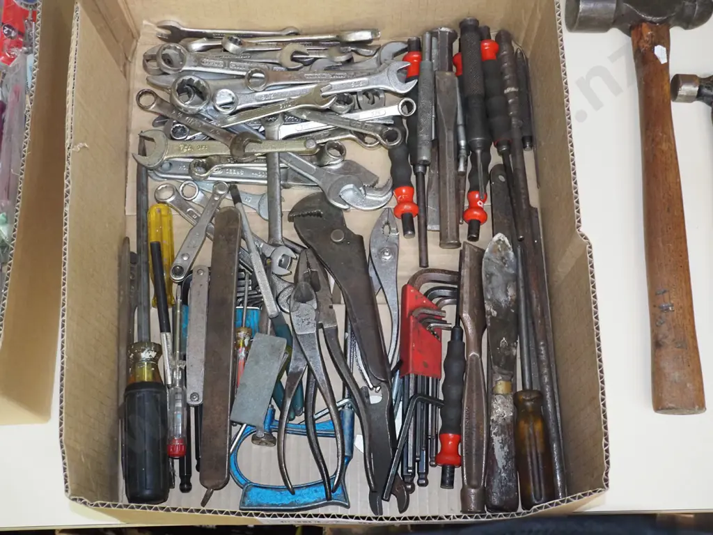box; engineer's punches, pliers, open end ring spanners etc Image 1++