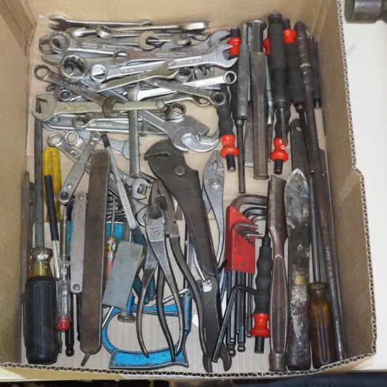 box; engineer's punches, pliers, open end ring spanners etc