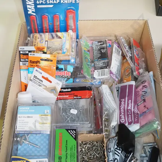 box; fasteners, craft knives, angle brackets etc