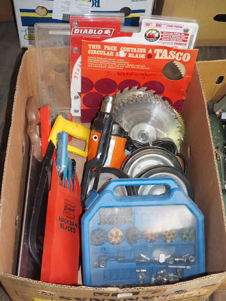 box; handsaws, saw blades, trolley wheels etc Image 1++