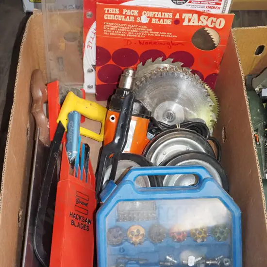 box; handsaws, saw blades, trolley wheels etc