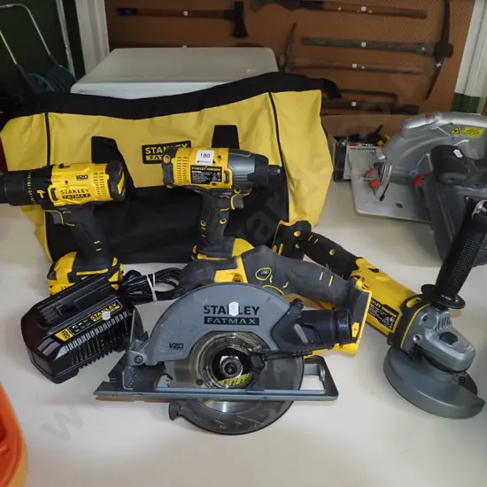 Stanley Fatmax 20V battery powered kit- drill, impact driver, skilsaw, grinder (2 batteries)