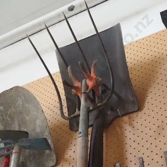 wide mouth shovel, pitch fork, cultivator