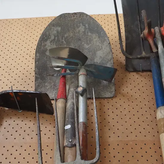 garden tools; shovels, hoes, fork