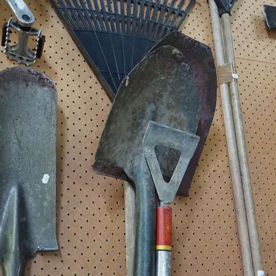 garden tools; rake, shovels, hoe