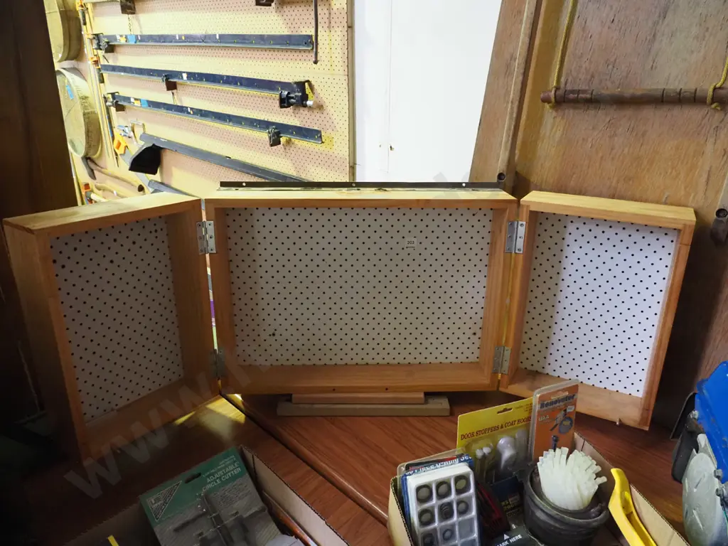 homemade wall mounted workshop cupboard with pegboard interior H-420 W-600 closed Image 1++