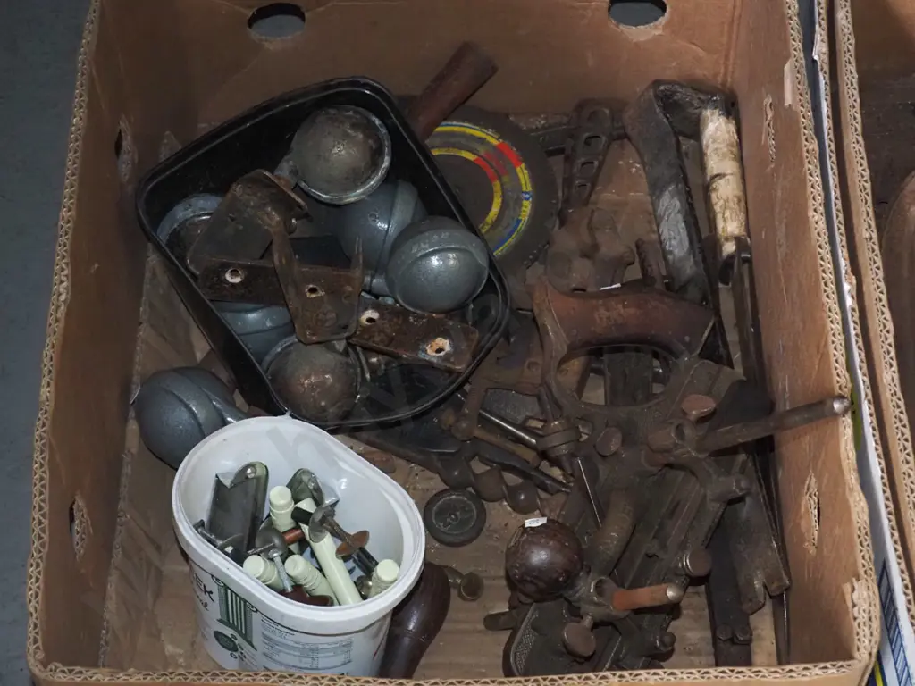 box; old casters, spoke shaves,antique  Stanley combination king  plane etc Image 1++