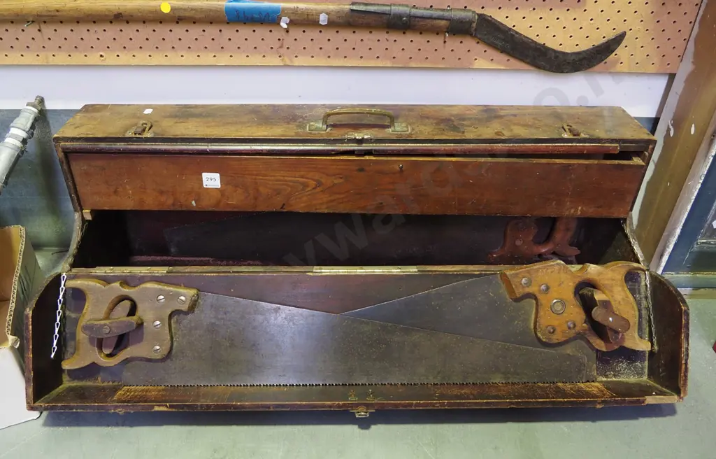 vintage wooden tool box and 3 hand saws - one has borer Image 1++