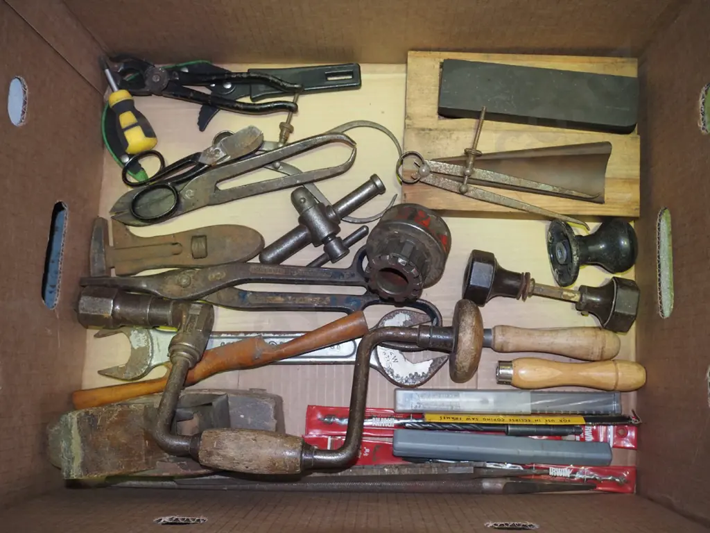 box; sharpening stones, drill bits, tin snips etc Image 1++