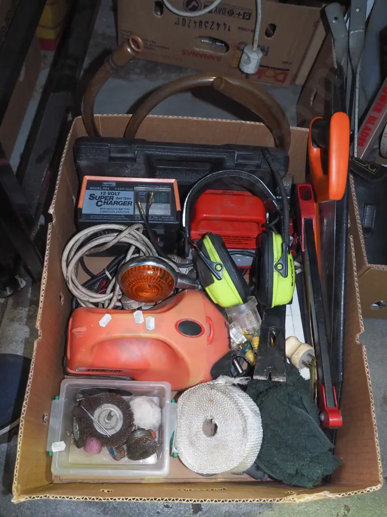 box; ear muffs, hack saw, hand saw, battery charger etc Image 1++