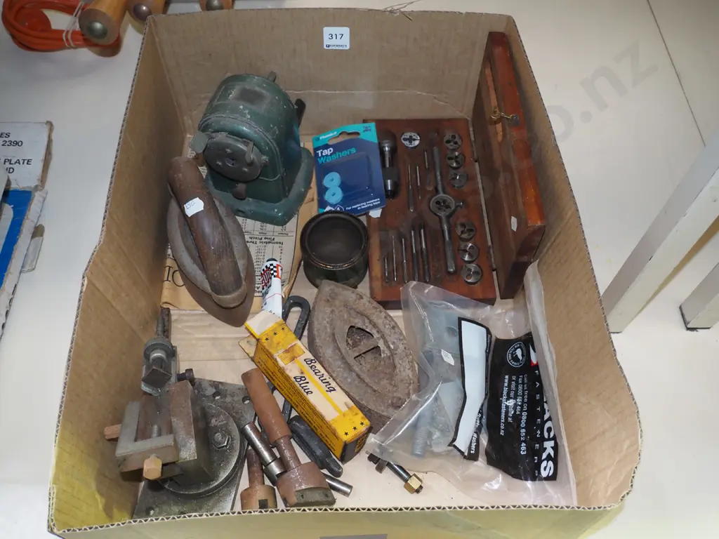 box; small tap and die set, sad irons, pencil sharpener etc Image 1++