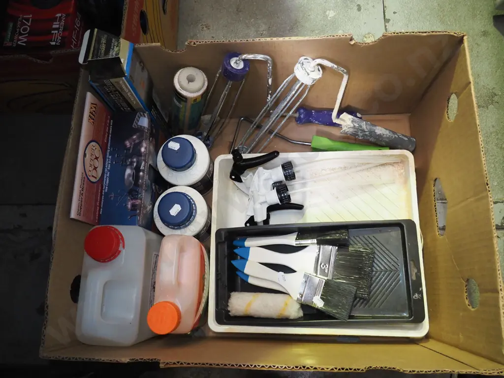 box; paint brushes, rollers, paint stripper etc Image 1++