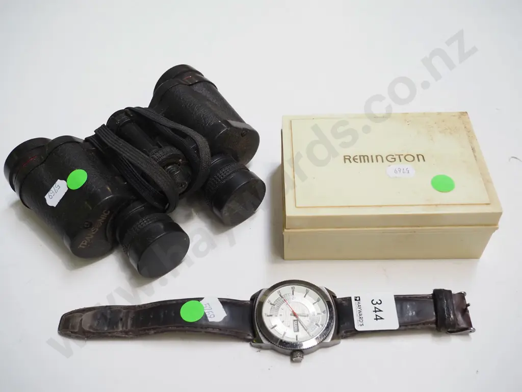 wristwatch, pair of binoculars, vintage safety razor Image 1++