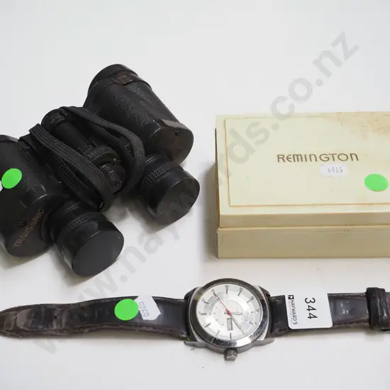 wristwatch, pair of binoculars, vintage safety razor