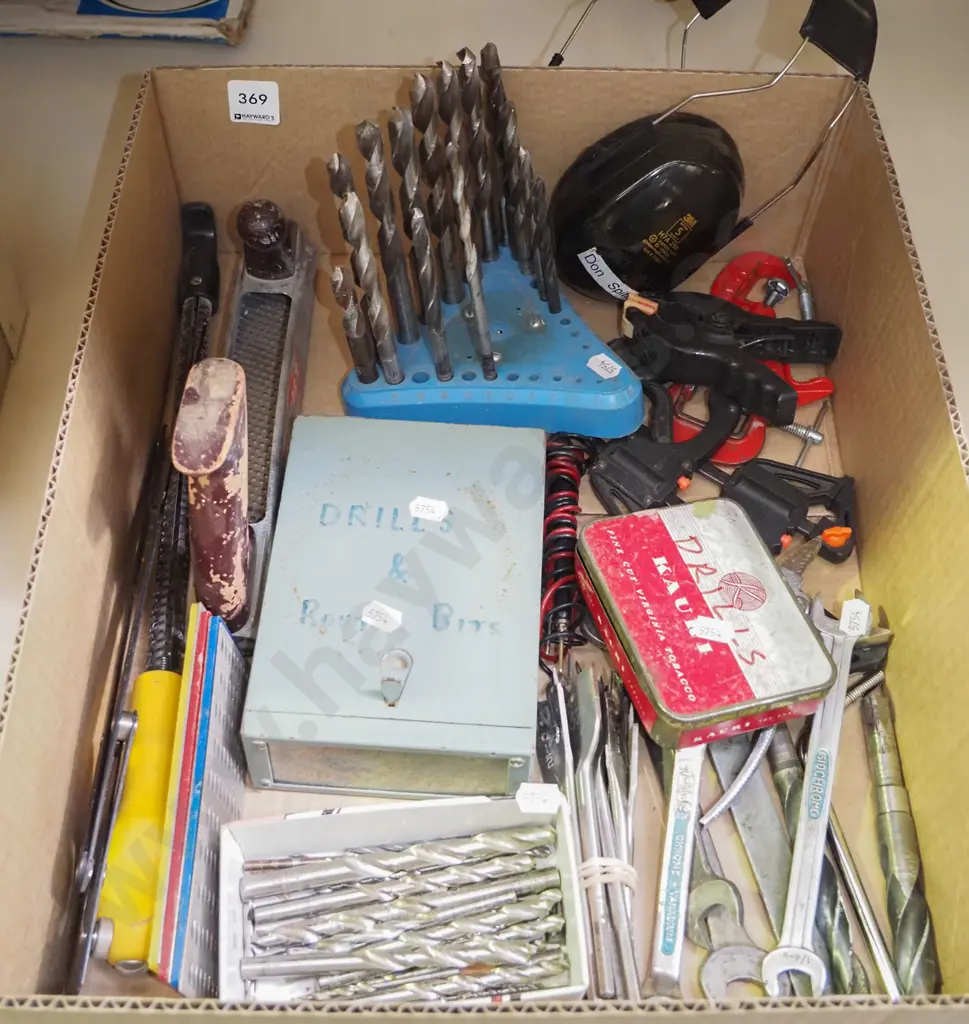 box; drill bits, ear muffs, clamps etc Image 1++