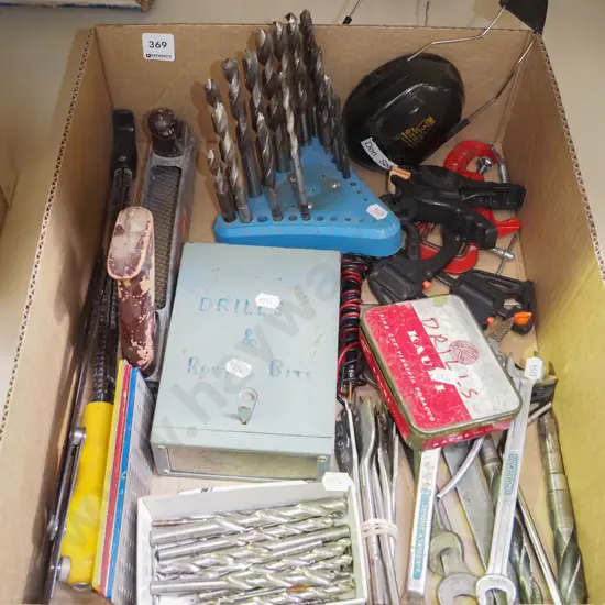 box; drill bits, ear muffs, clamps etc
