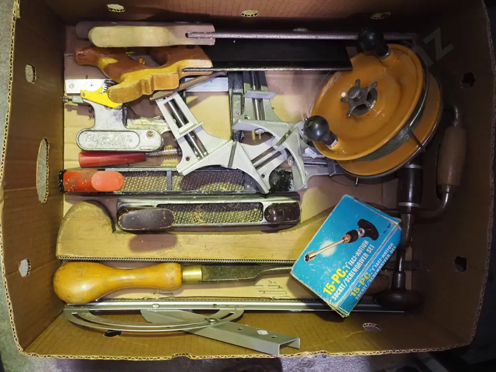 box; rasps, framer's clamps, fishing reel etc Image 1++