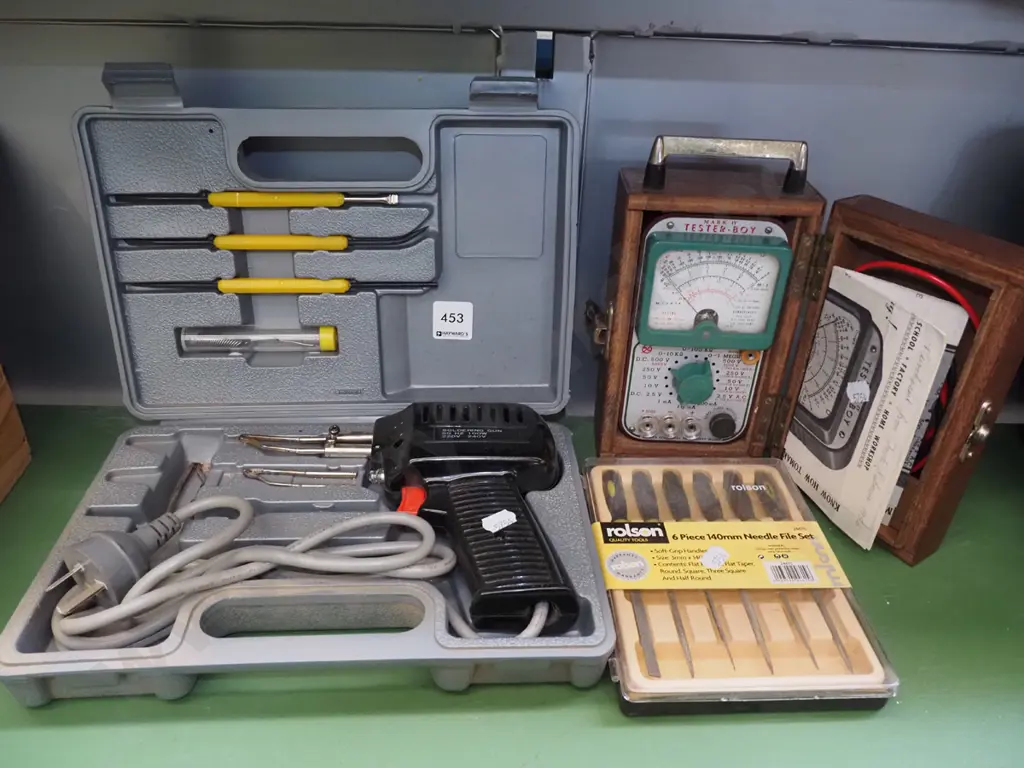 soldering iron, needle file set, vintage voltmeter Image 1++