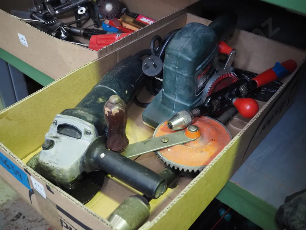 box; orbital sander, angle grinder, eggbeater drills Image 1++